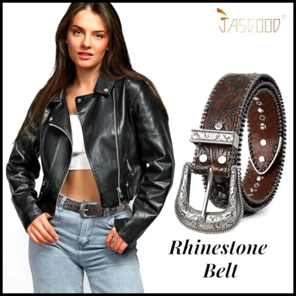 Rhinestone Studded Western Belt Faux Leather Bling Cowboy Cowgirl Style - Picture 2 of 6